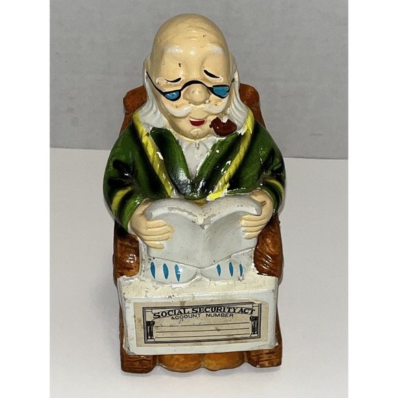 Vintage 1970s Made In Japan Grandpa Ceramic  Coin Bank Rocking Chair SSN Fund - Picture 1 of 8